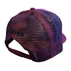 Back of a baseball cap with a purple mesh and a ponytail hole. Grizzled Bear is written above.