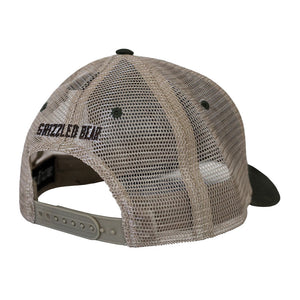Back of a baseball cap with a beige mesh colour. Ponytail hole with the words Grizzled Bear above.
