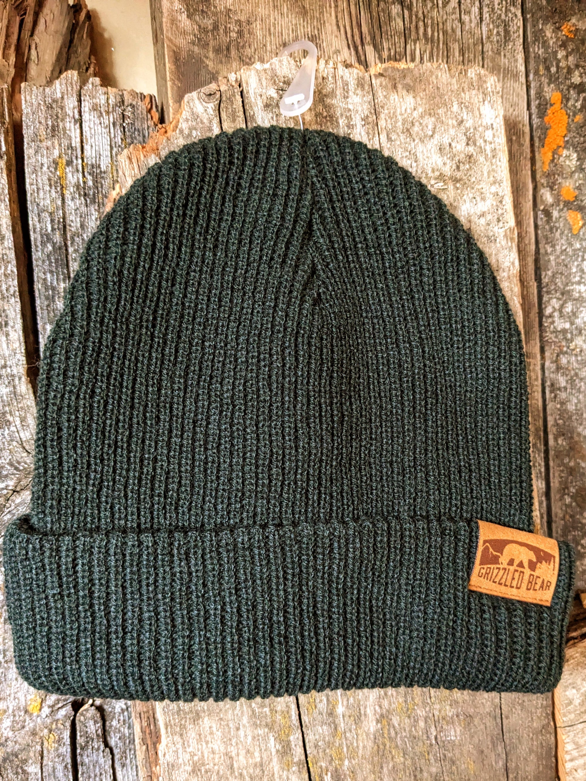 Cuffed knit leather clip Beanie - Forest